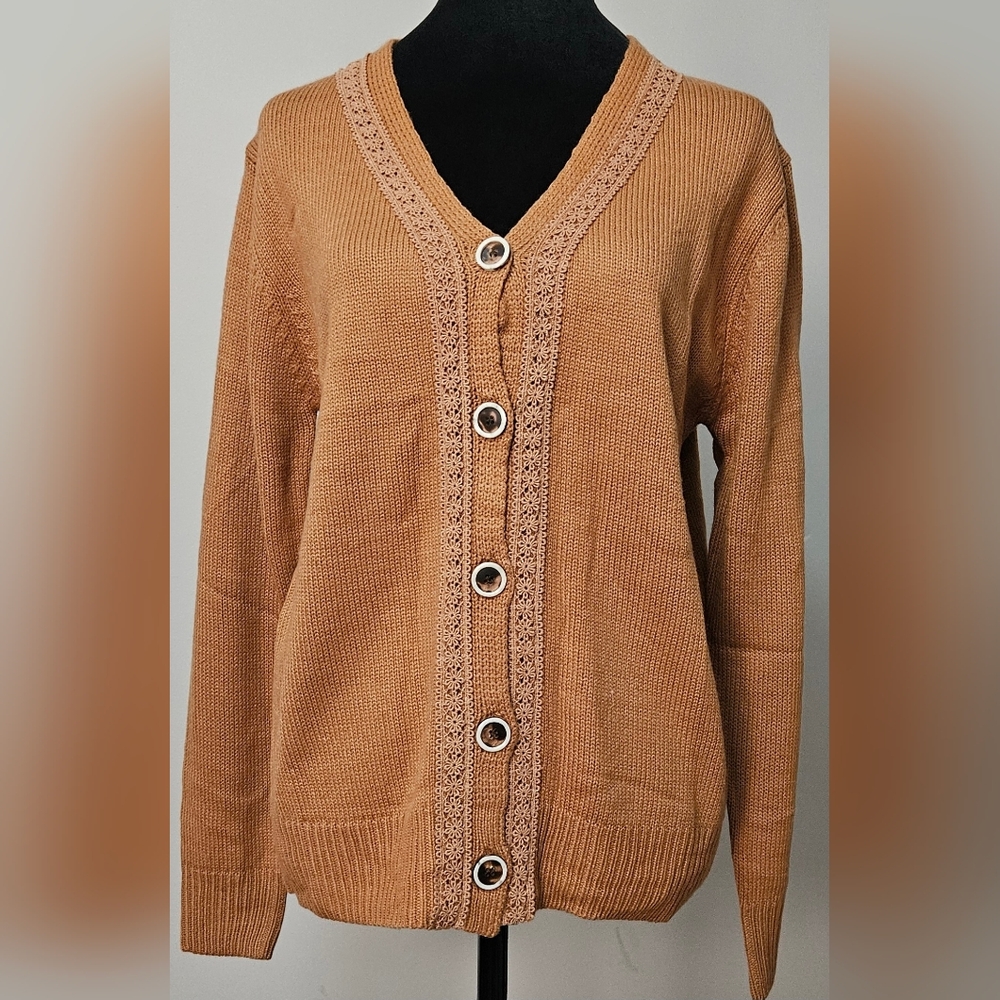 Tan Button Up Cardigan Sweater w/ Teim Details- Size S